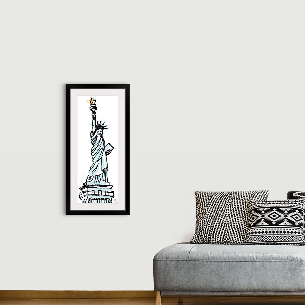A bohemian room featuring Pen and ink illustration with spot color of the Statue of Liberty in New York City.