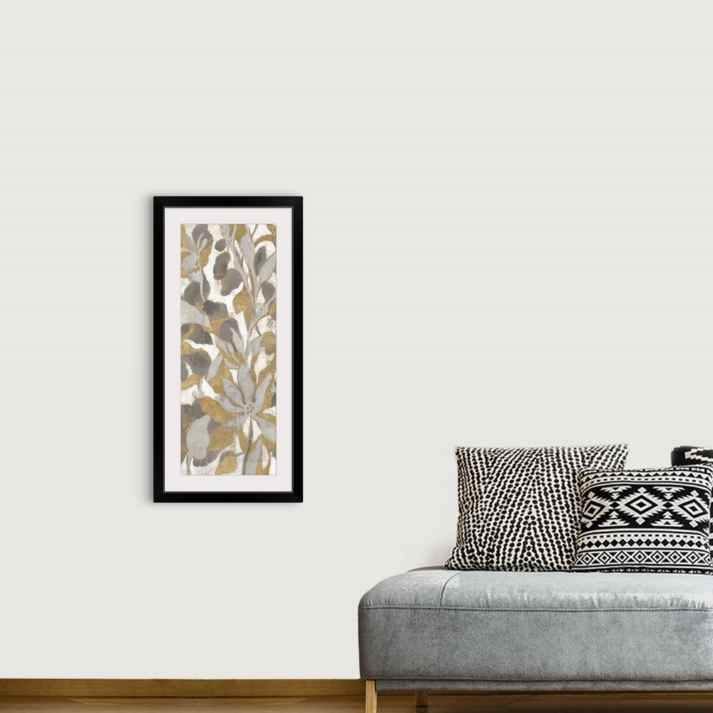 A bohemian room featuring Floral panel painting in gold, silver, gray, and white hues.