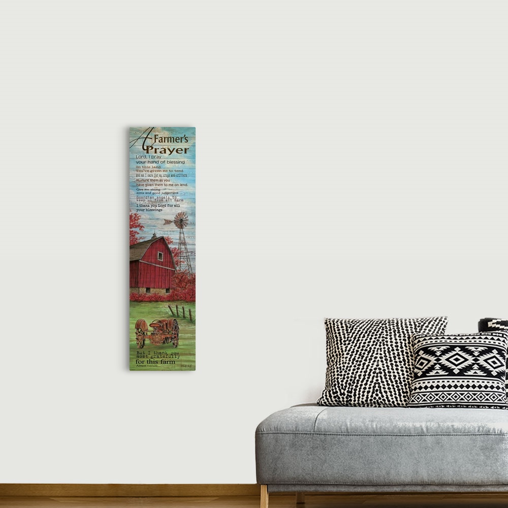 A bohemian room featuring A farming themed prayer over an illustration of a red barn and windmill on a farm.
