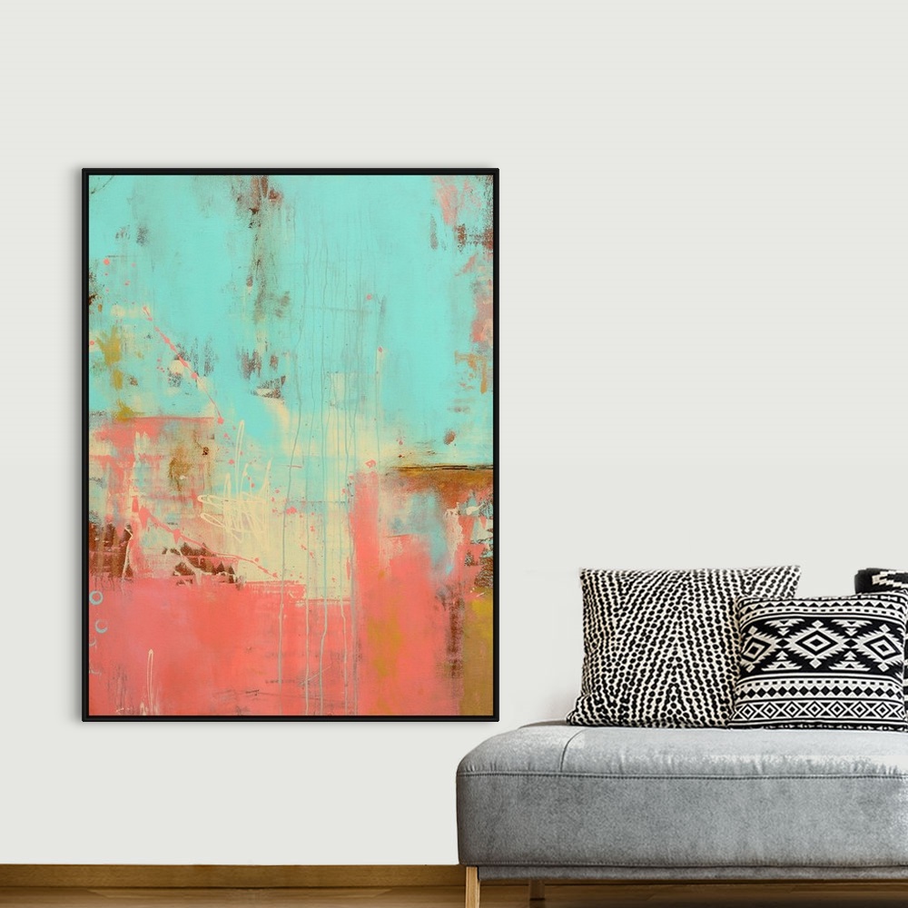 A bohemian room featuring Large abstract art composed of cool tones mixed with varying levels of texture for added depth.