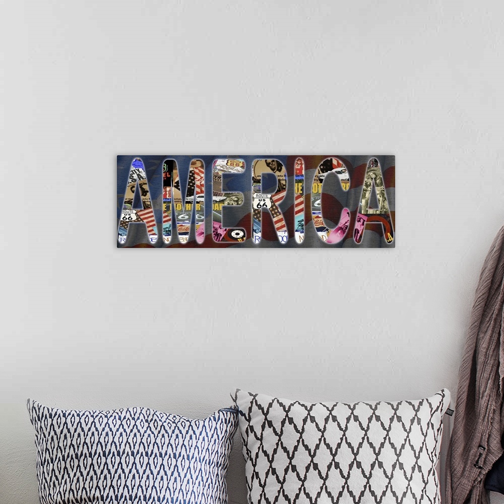 A bohemian room featuring "AMERICA" with an American flag background