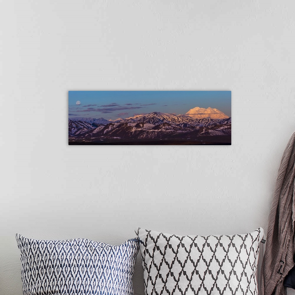 A bohemian room featuring Panoramic view of Denali at sunrise in early summer with a nearly full moon; Alaska, United State...