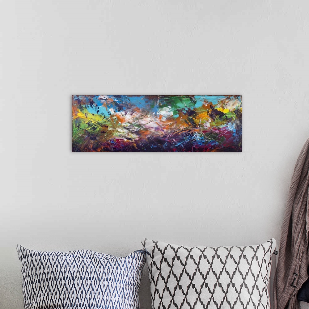 A bohemian room featuring Seabed abstract panorama with the sunken ships horizontal panel. Originally acrylic art on canvas.