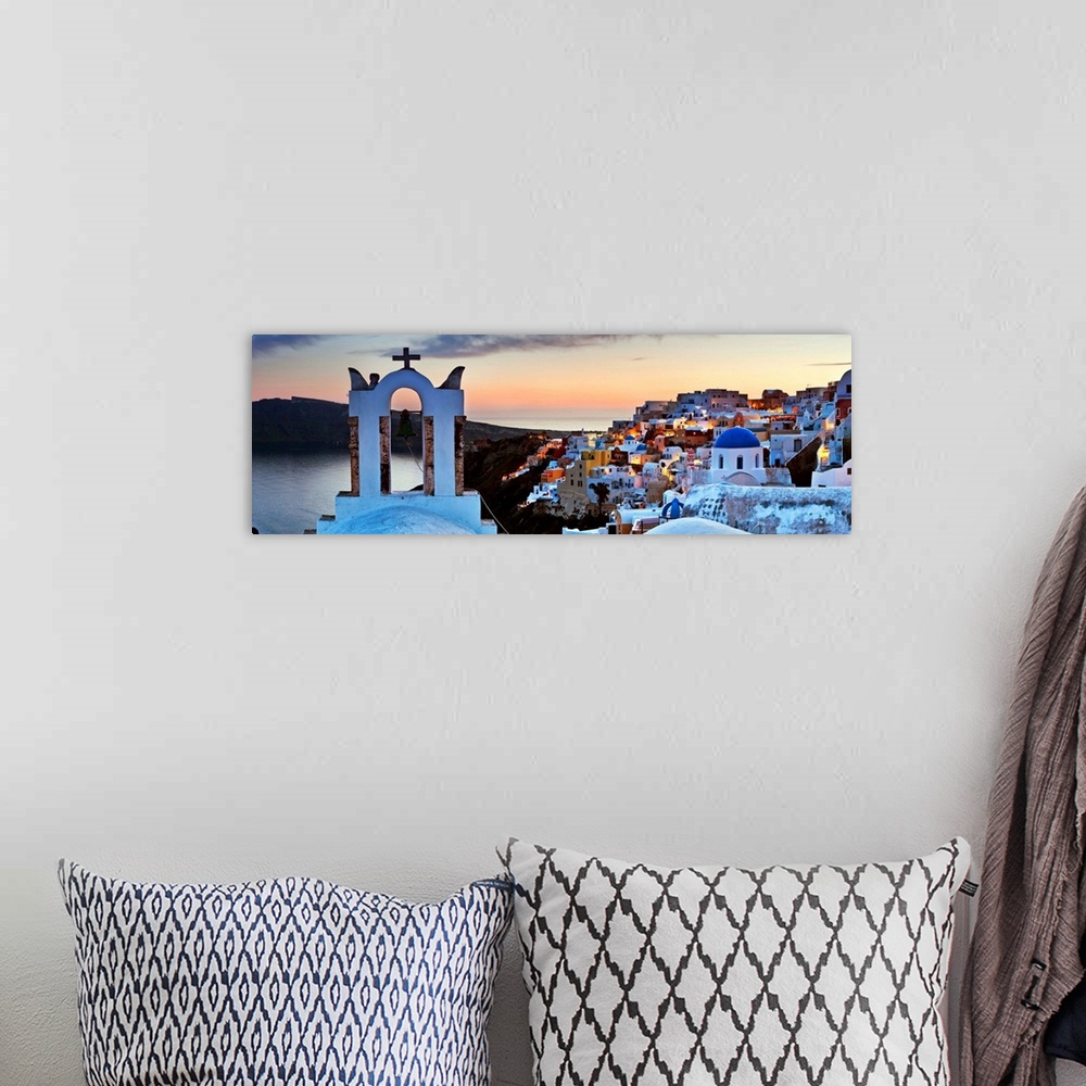 A bohemian room featuring Greece, Aegean islands, Cyclades, Santorini island, Greek Islands, Oia village at sunset.