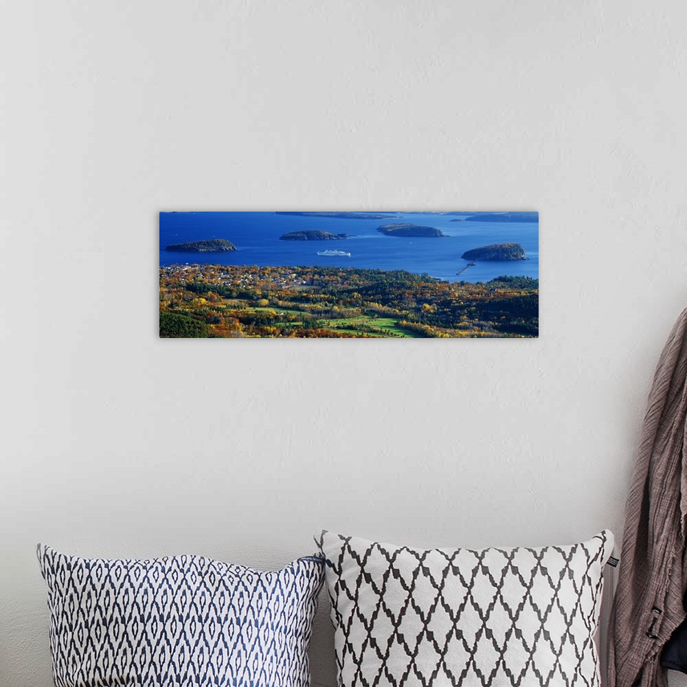 A bohemian room featuring 'Cruise ship and Mount Desert Island, Acadia National Park, Maine'