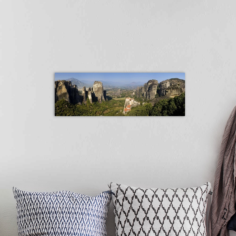 A bohemian room featuring Greece, Thessaly, Meteora, Panoramic view of Meteora and Holy Monastery of Rousanou