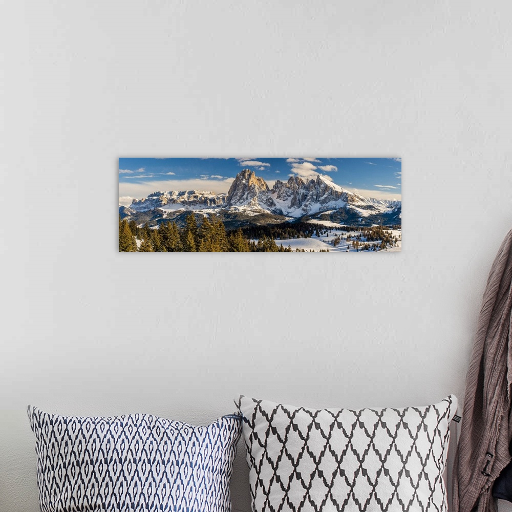 A bohemian room featuring Scenic winter view over Seiser Alm, Alpe di Siusi dominated by Sella group on the left and Sassol...