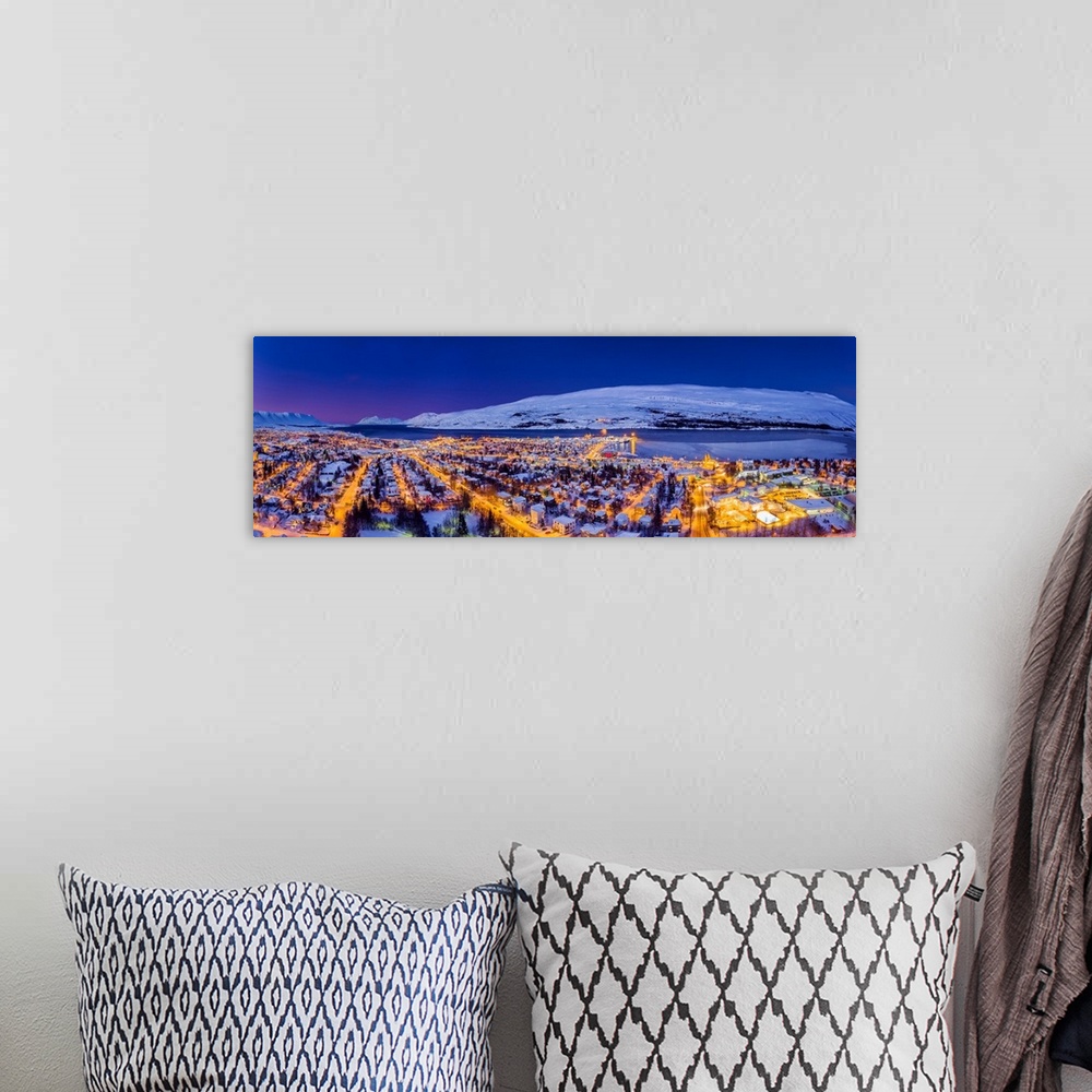 A bohemian room featuring Aerial view - Wintertime in Akureyri, Northern, Iceland.