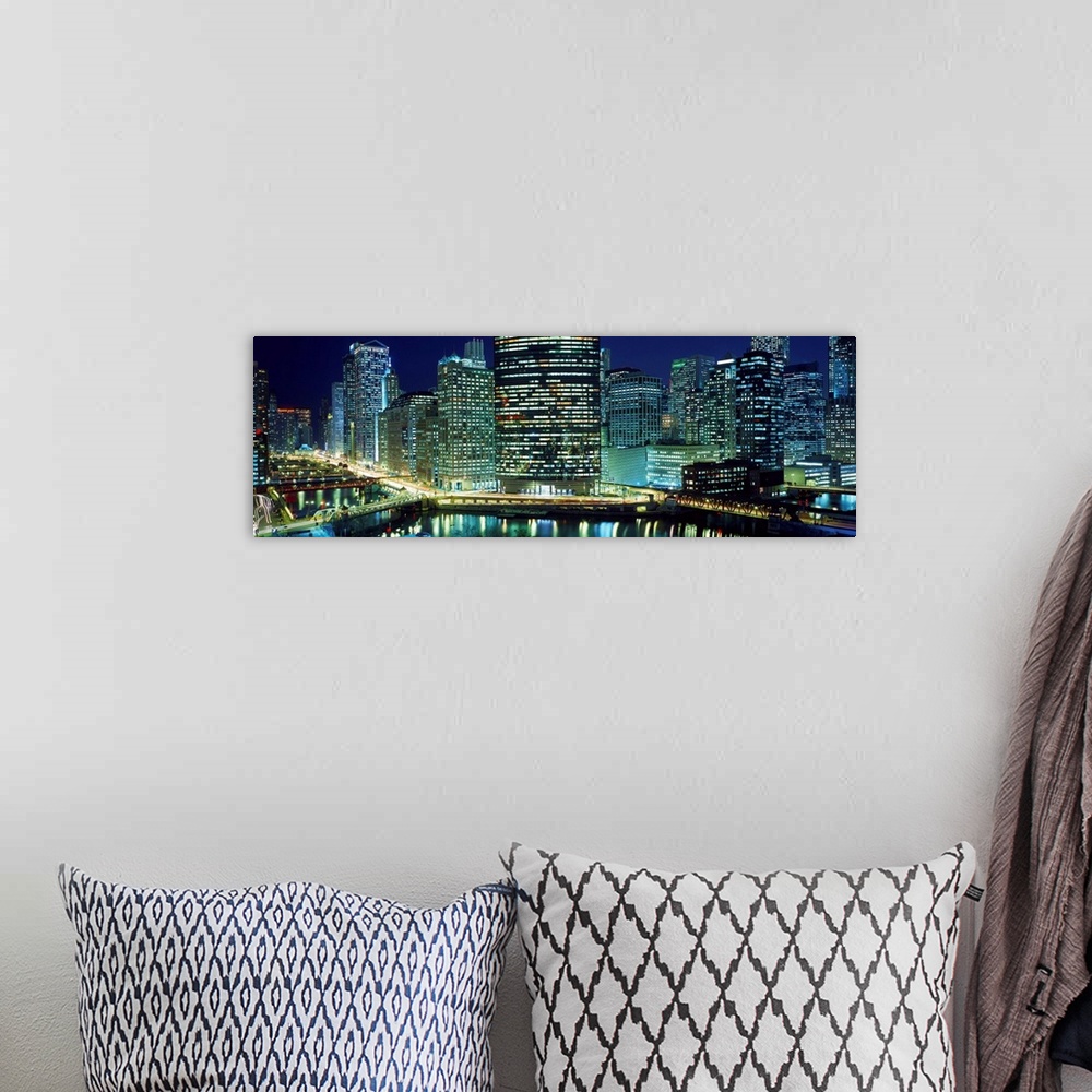 A bohemian room featuring Chicago skyline at night, Chicago, Cook County, Illinois, USA