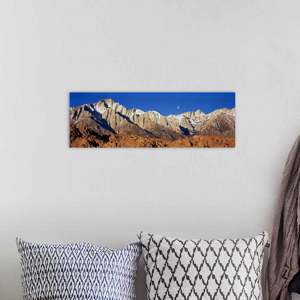 A bohemian room featuring Rock formations on a mountain range, Moonset over Mt Whitney, Lone Pine, California