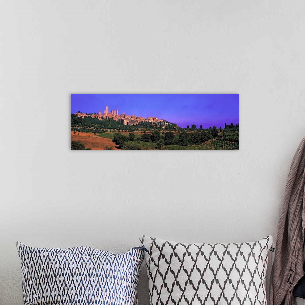 A bohemian room featuring Wide angle photograph of San Gimignano in the distance, against a vibrant sky. Green landscape an...