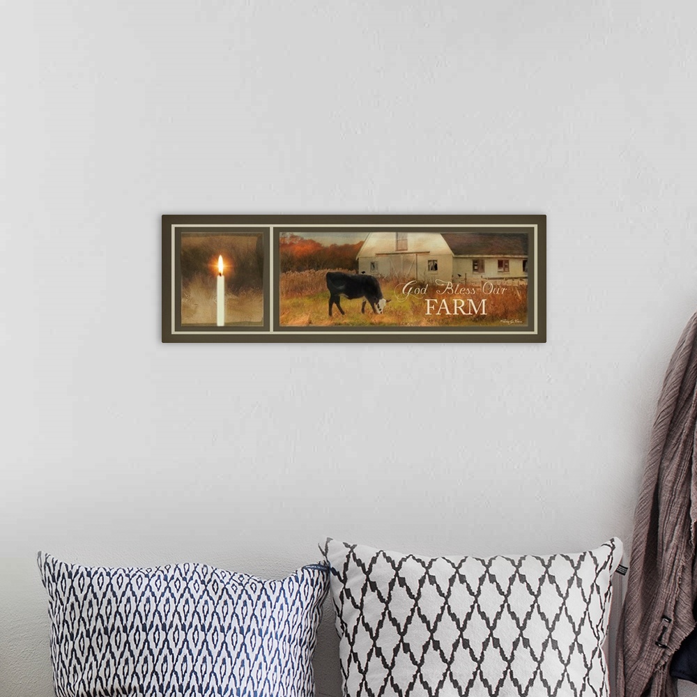 A bohemian room featuring Faith-based artwork of a cow grazing in front of a white barn with a lit candle in the foreground.