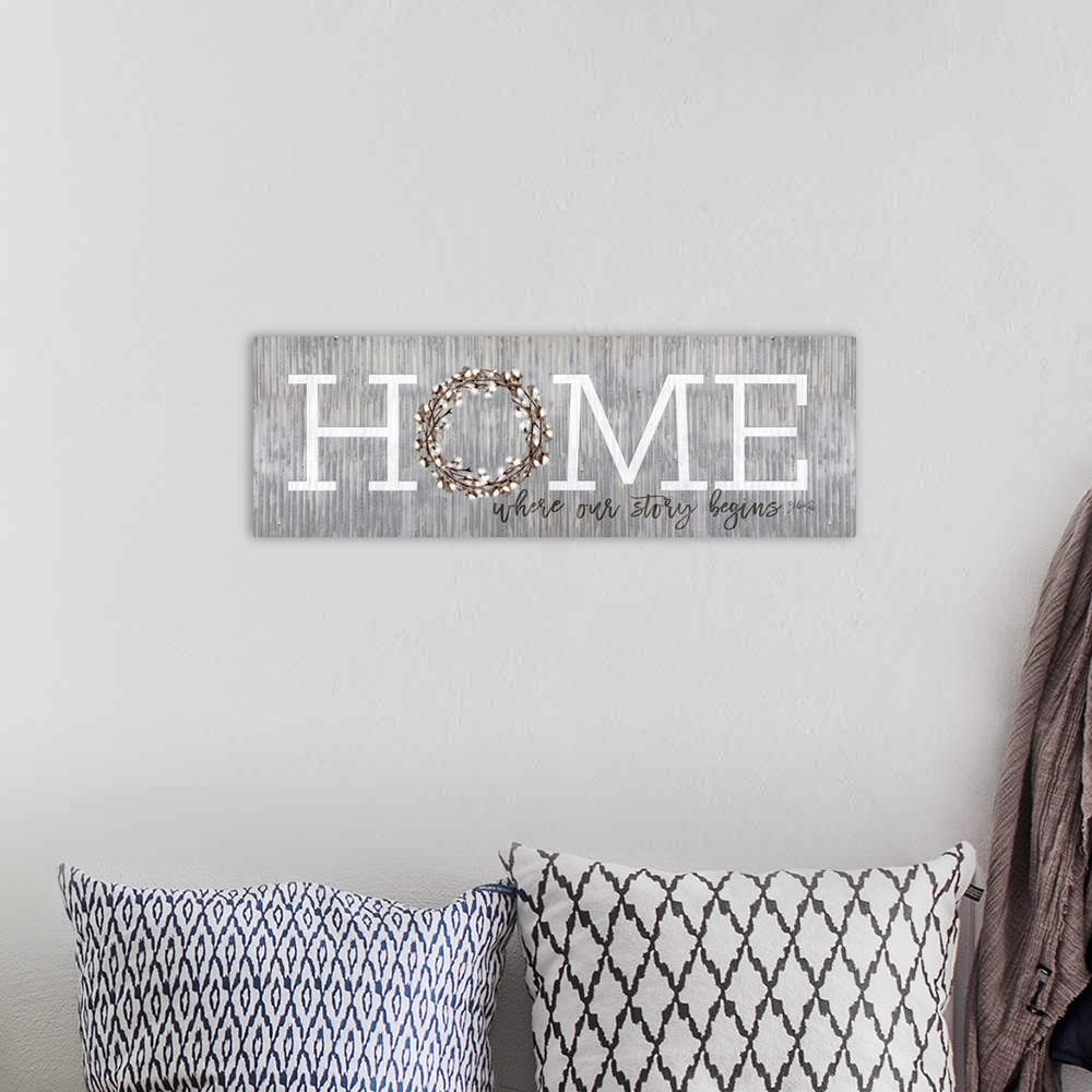 A bohemian room featuring "Home Where Our Story Begins" on a gray distressed metal background.
