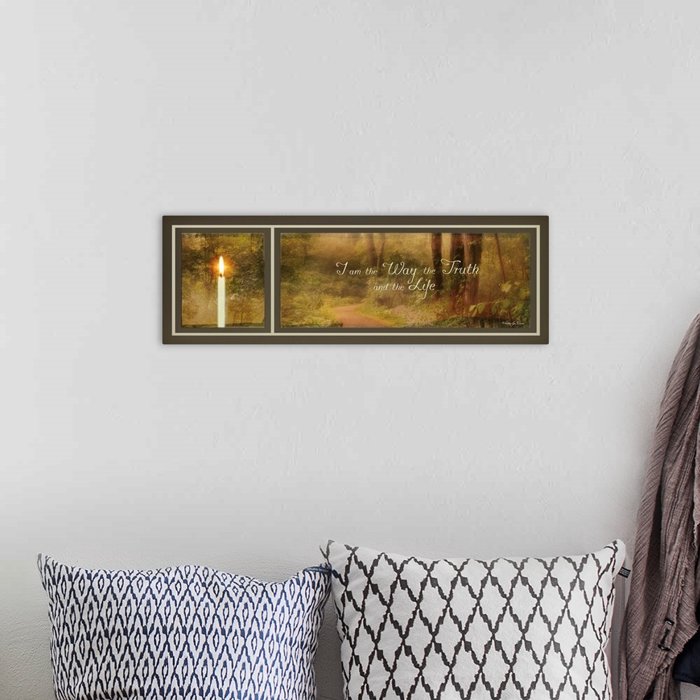 A bohemian room featuring Faith-based artwork of a peaceful forest scene with a lit candle in the foreground.