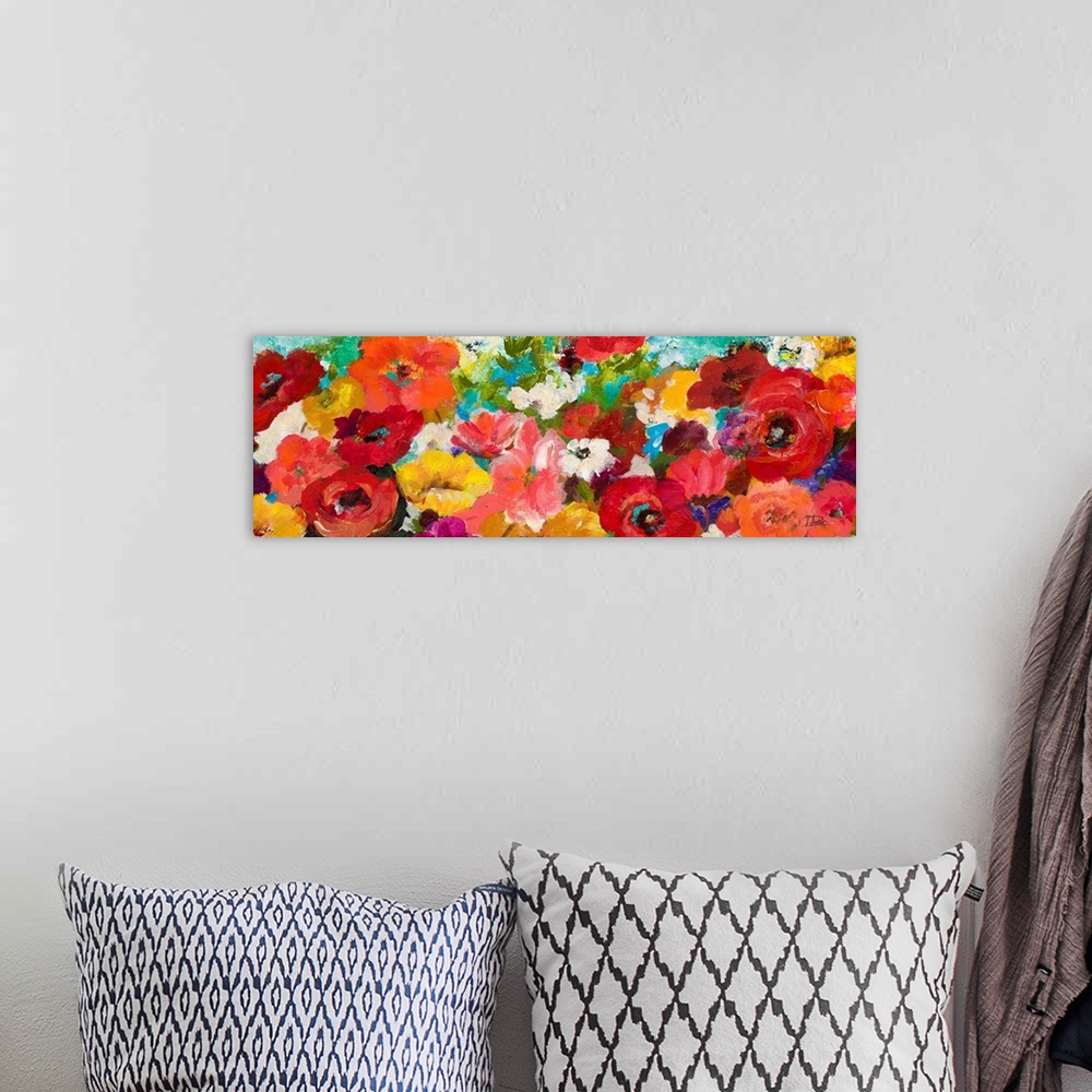 A bohemian room featuring Contemporary panoramic painting of colorful flowers.