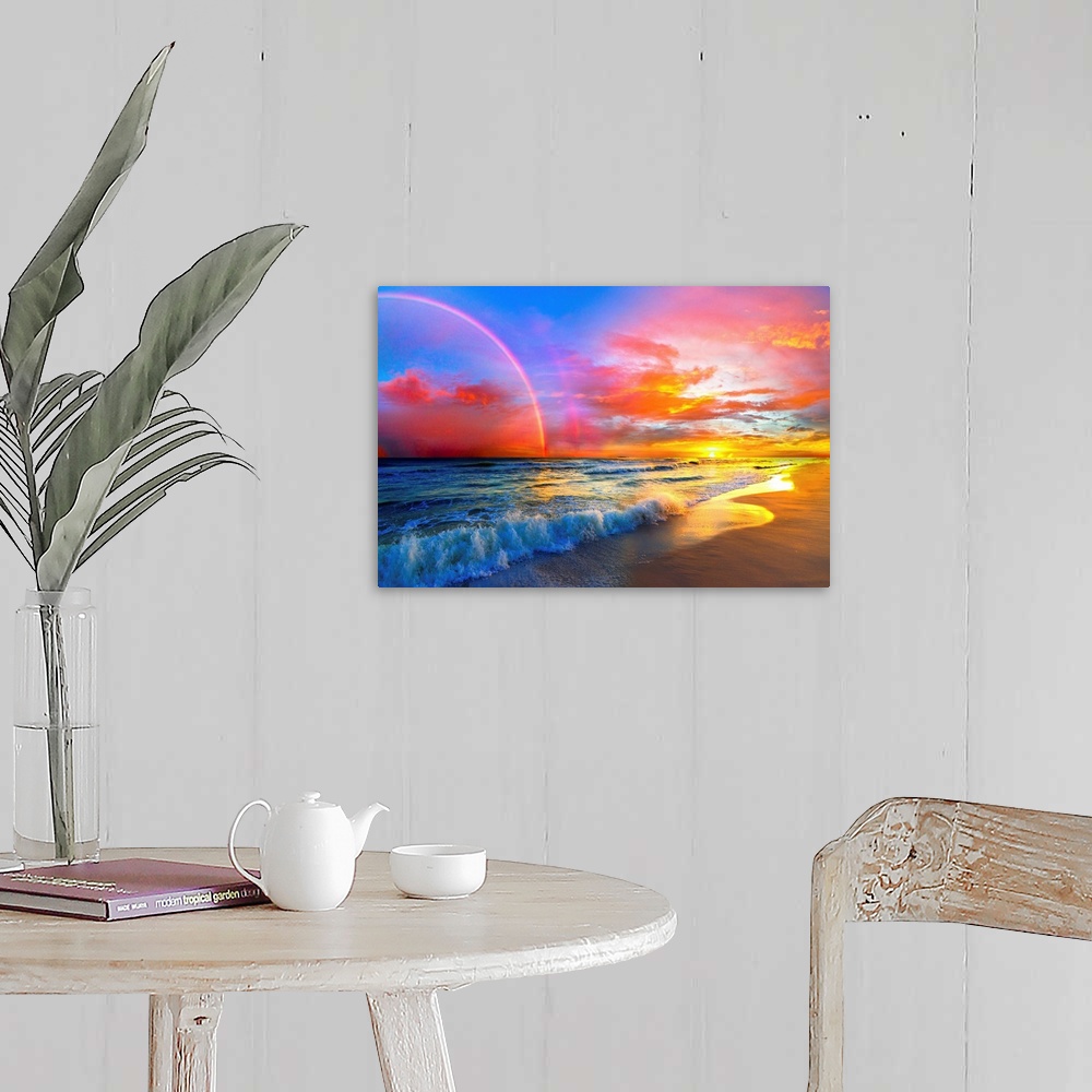 Pink Sunset Beach With Rainbow And Ocean Waves Wall Art, Canvas Prints ...