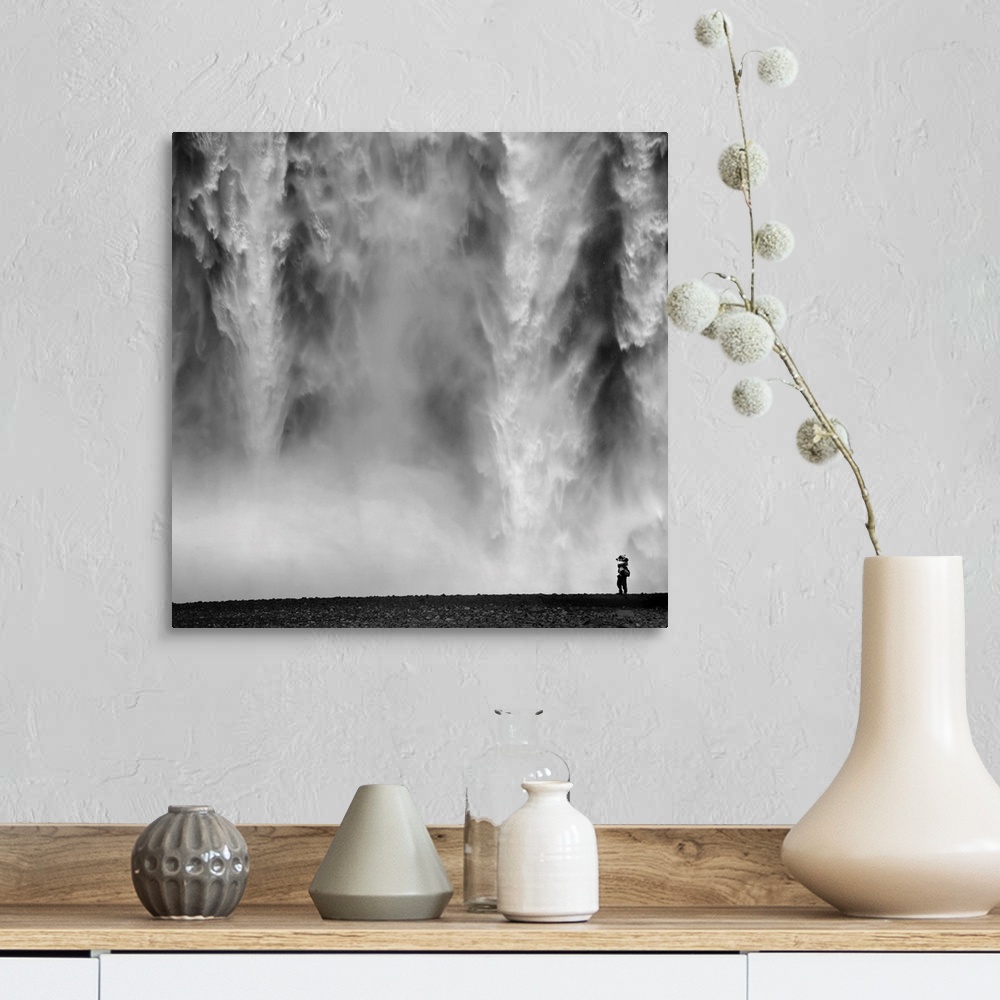 Black and White Photo of waterfall with person Wall Art, Canvas Prints ...
