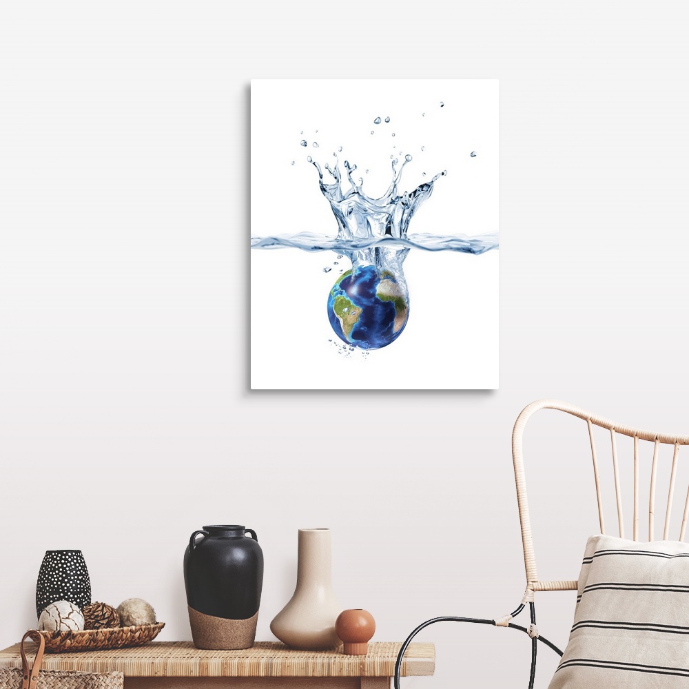 Planet Earth Falling Into Clear Water Wall Art Canvas Prints Framed