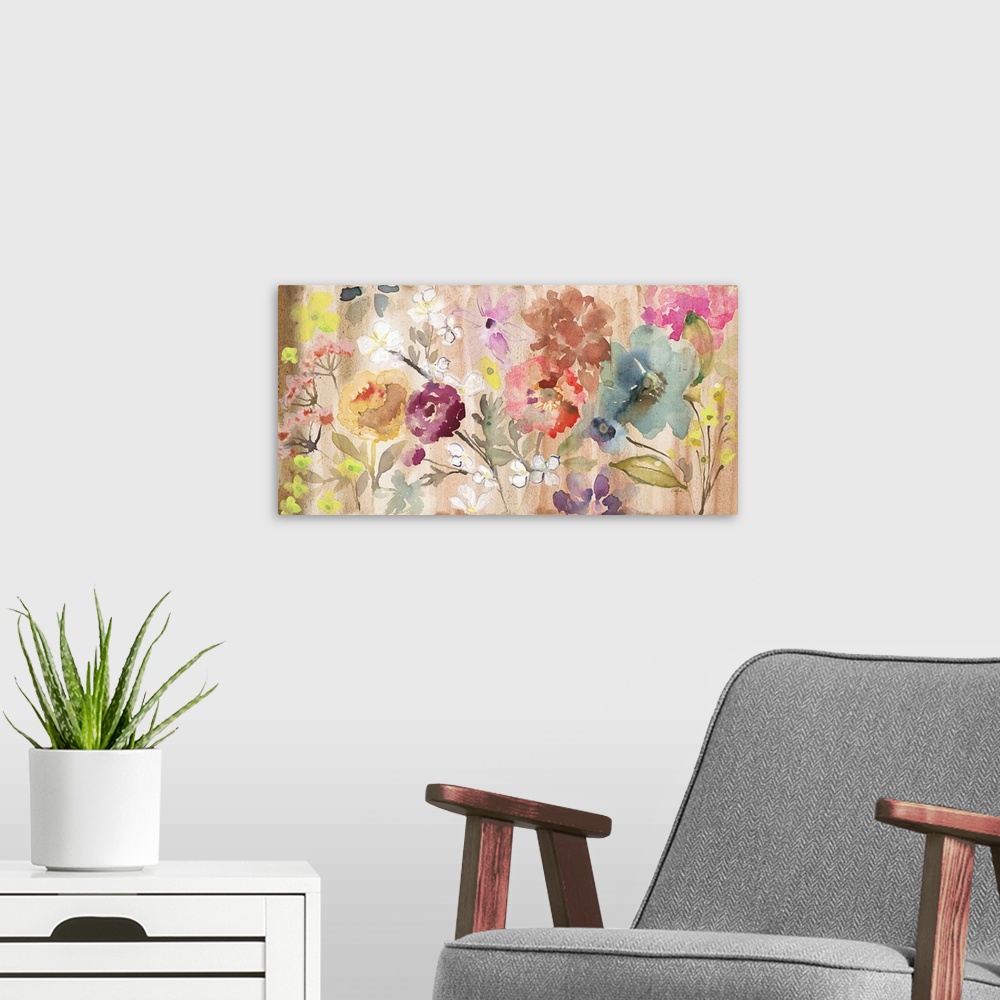 A modern room featuring Watercolor artwork of a variety of blooming flowers in warm shades of pink and red.