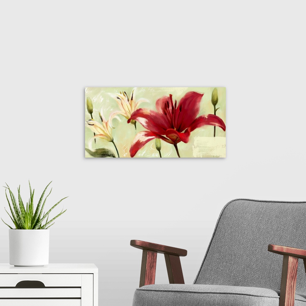 A modern room featuring Home decor artwork of vibrant red and white lilies against a green background.