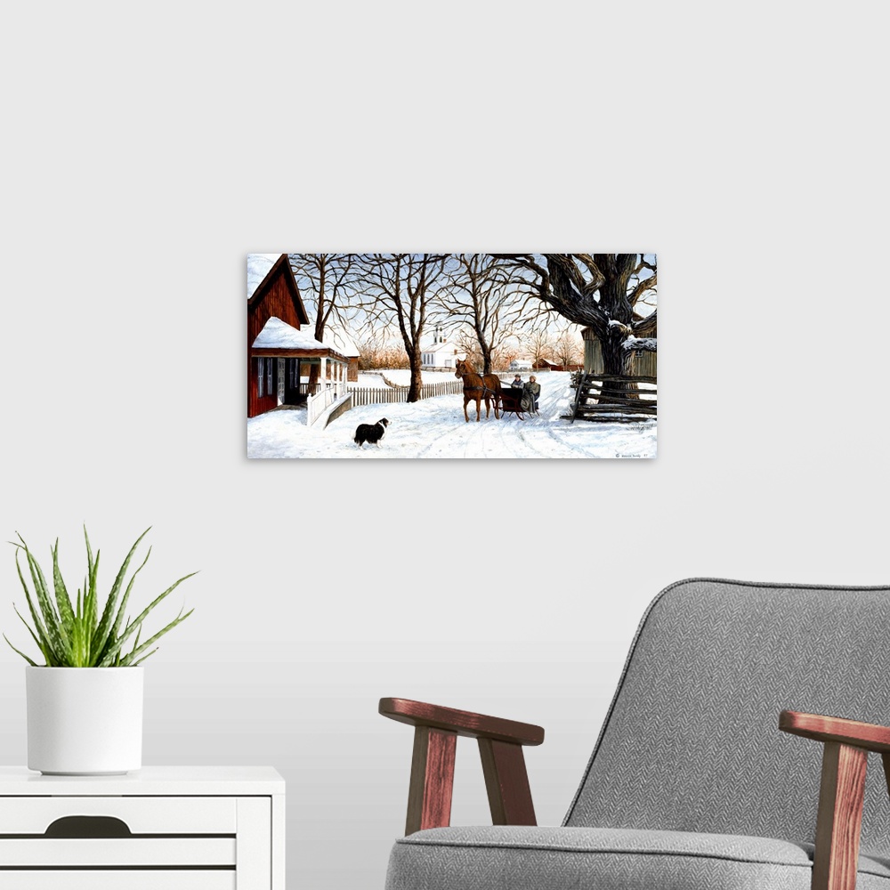 A modern room featuring Contemporary artwork of a horse pulling a sled back home.
