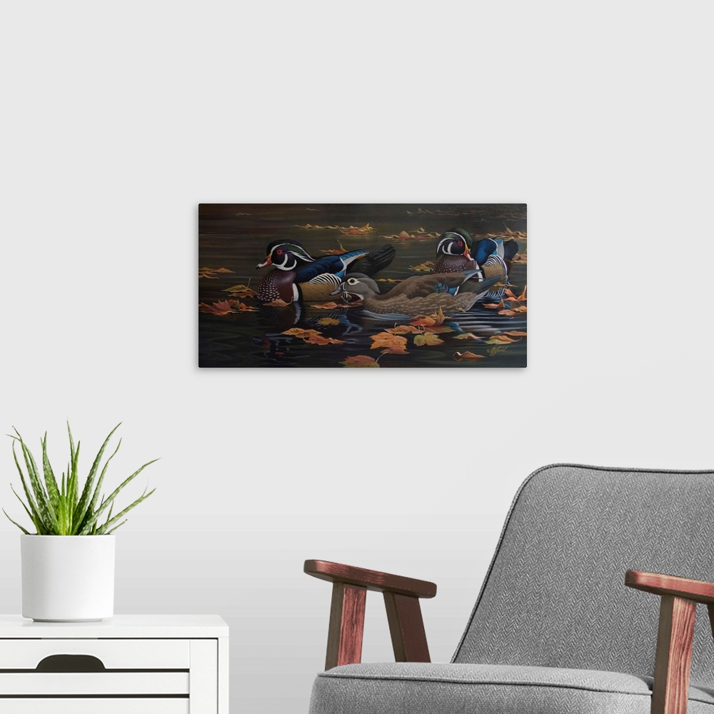 A modern room featuring Ducks in water with leaves.