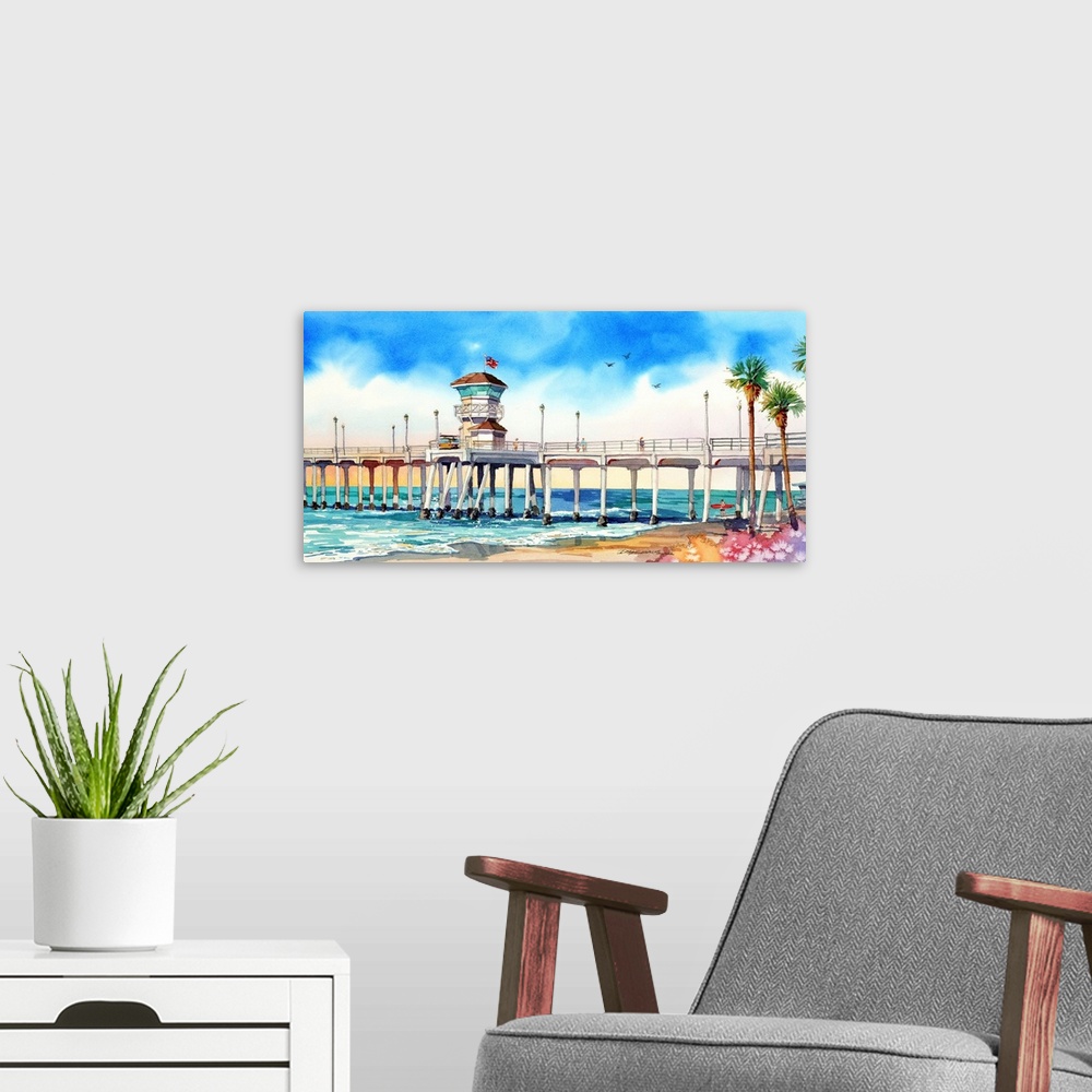 A modern room featuring Watercolor of the Huntington Beach pier