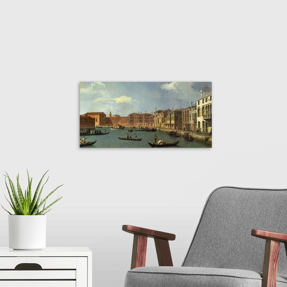A modern room featuring XIR18976 View of the Canal of Santa Chiara, Venice (oil on canvas)  by Canaletto, (Giovanni Anton...