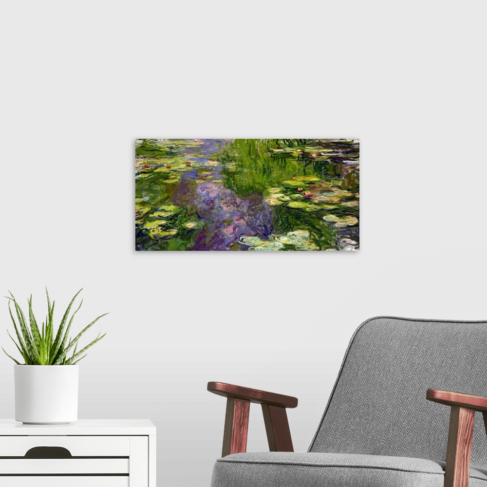 A modern room featuring Large classic oil on canvas painting of water lilies.  The texture of the brush strokes give this...