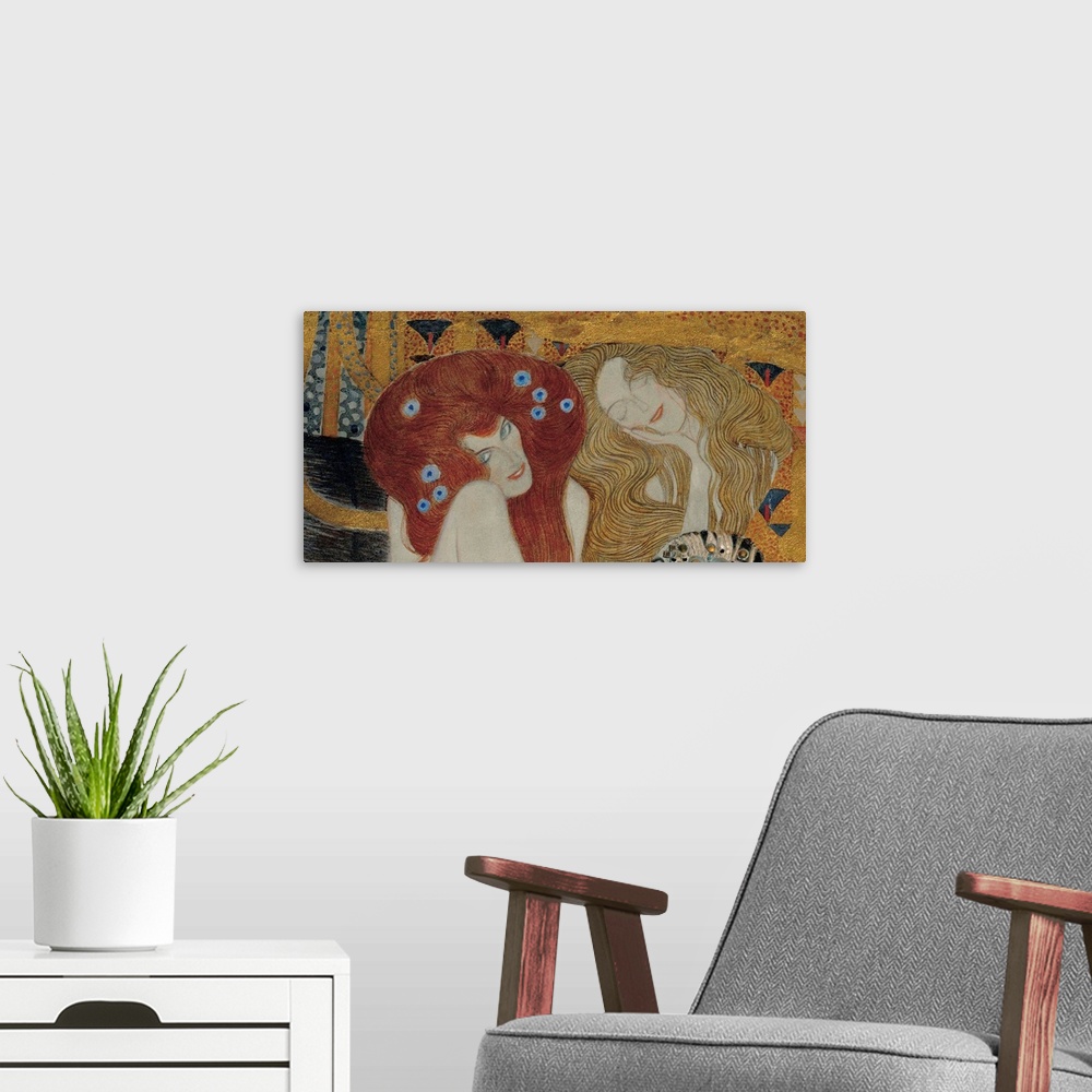 A modern room featuring A horizontal painting from very early 20th century shows nude female figures in provocative poses.