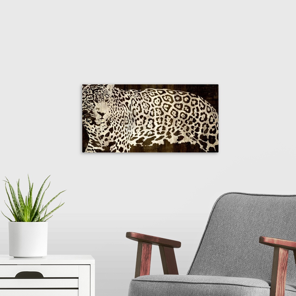 A modern room featuring Wide illustration of a leopard on a faux wood background.