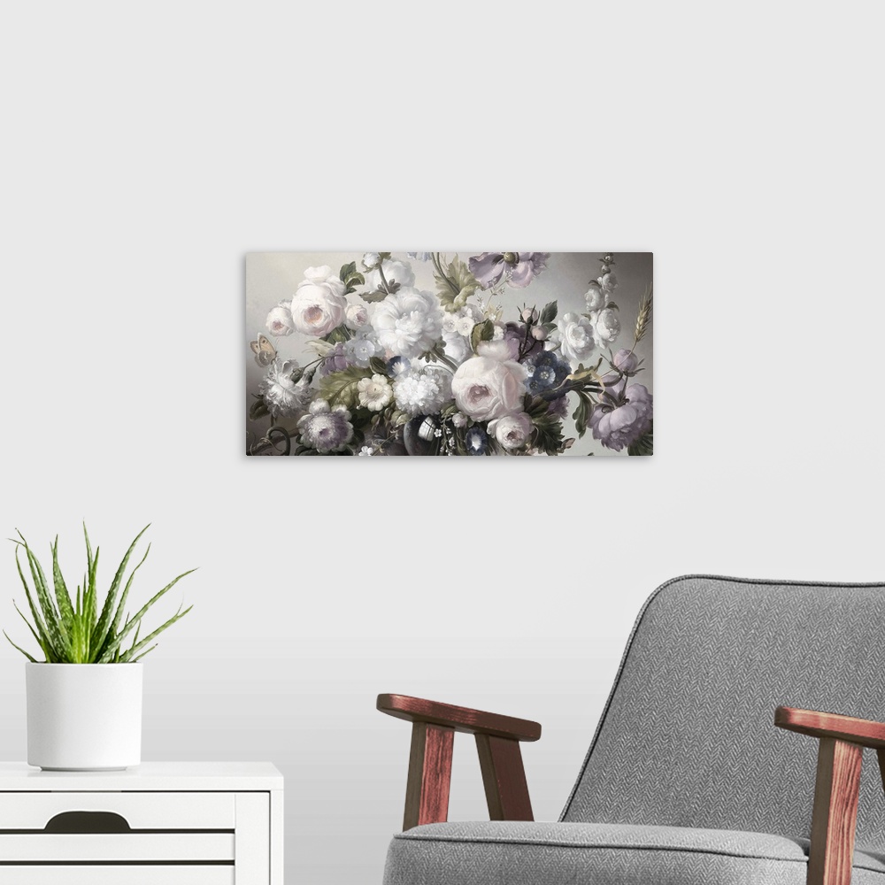 A modern room featuring Desaturated artwork showing a romantic bouquet of flowers over a light background.