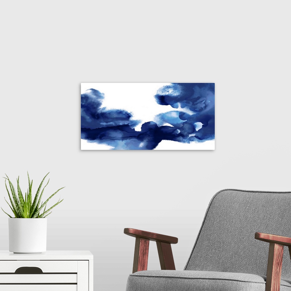 A modern room featuring Abstract painting representing movement with indigo watercolor on a solid white background.
