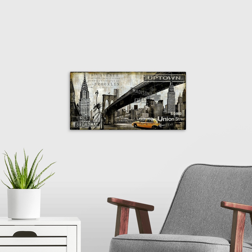 A modern room featuring Home decor with a cityscape of New York City in black and sepia tones with yellow taxi cabs and w...