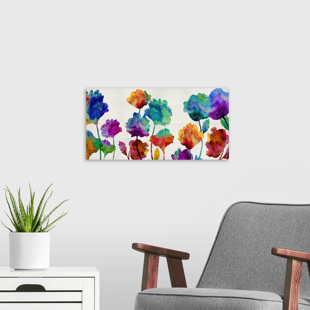 A modern room featuring Large art with silhouettes of flowers with multiple colors melding together with a watercolor loo...