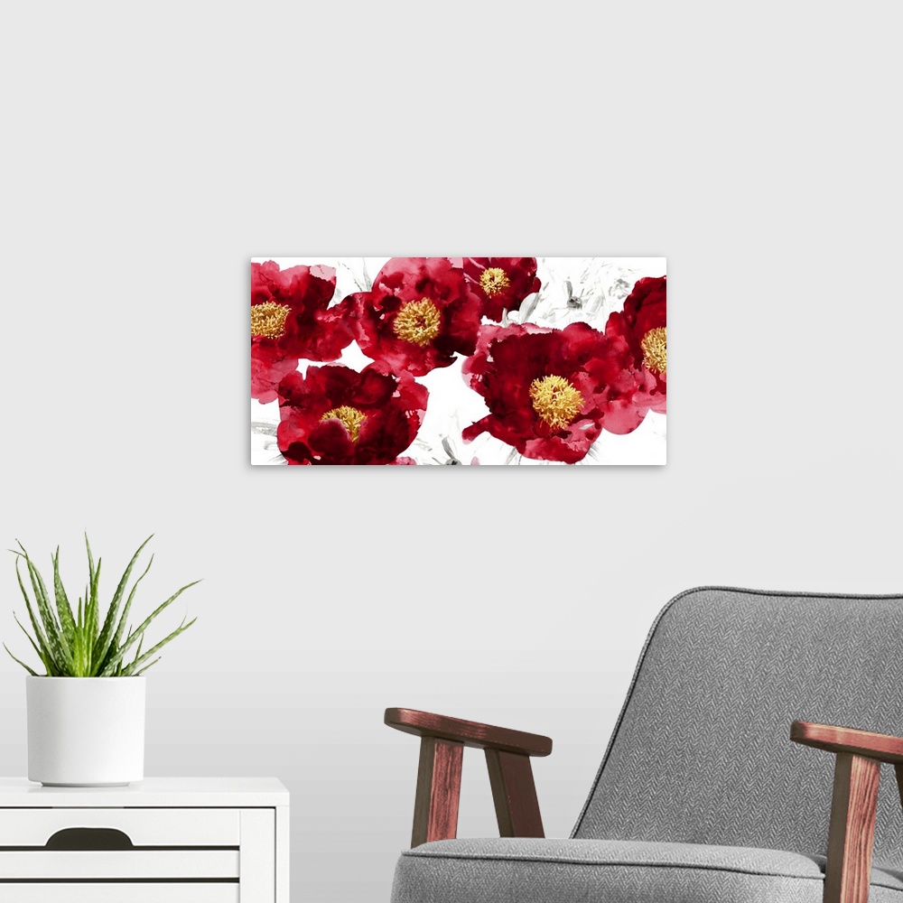 A modern room featuring Bright red flowers with golden stigmas on a white background with faint black illustrations of fl...
