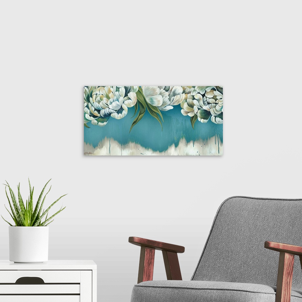 A modern room featuring Contemporary painting of a group of white flowers against a blue and white backdrop.