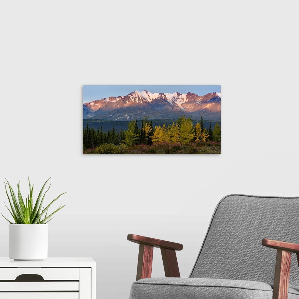 A modern room featuring Canada, Yukon, Kluane National Park, Mountain range at last light.