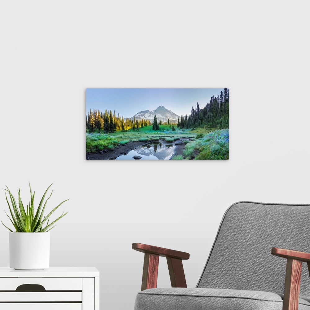 A modern room featuring USA. Washington State. Mt. Rainier reflected in tarn amid wildflowers at Indian Henry's Hunting G...