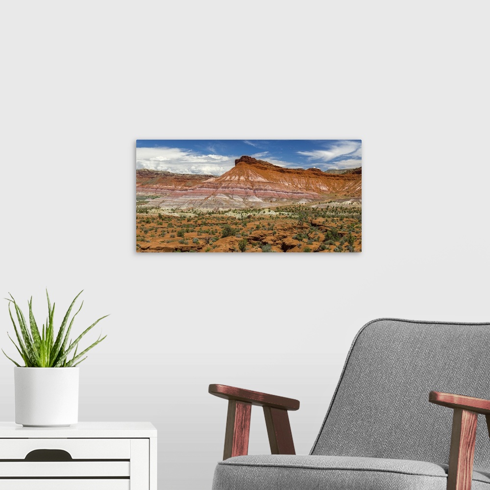 A modern room featuring USA, Utah, Grand Staircase-Escalante National Monument. Banded red topped butte near Old Pahreah ...