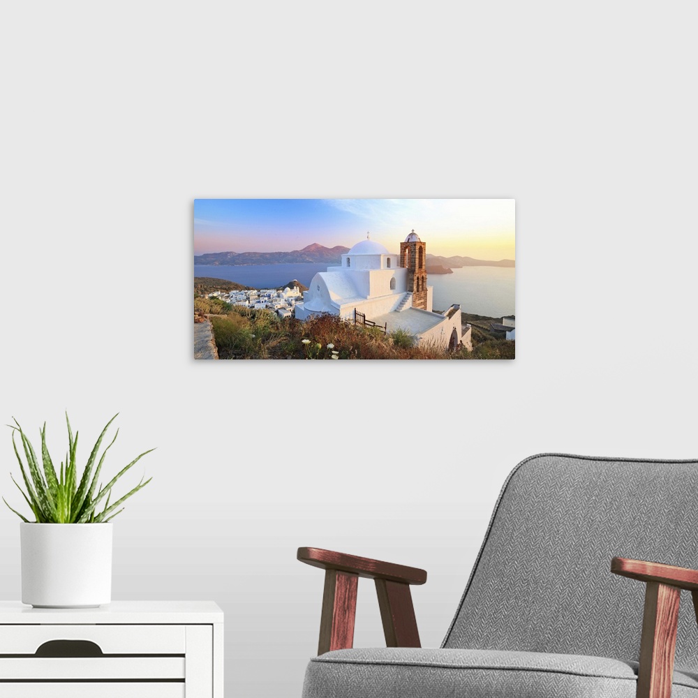 A modern room featuring Greece, Cyclades, Milos island, Plaka, Panaghia Thalassitra from Kastro castle