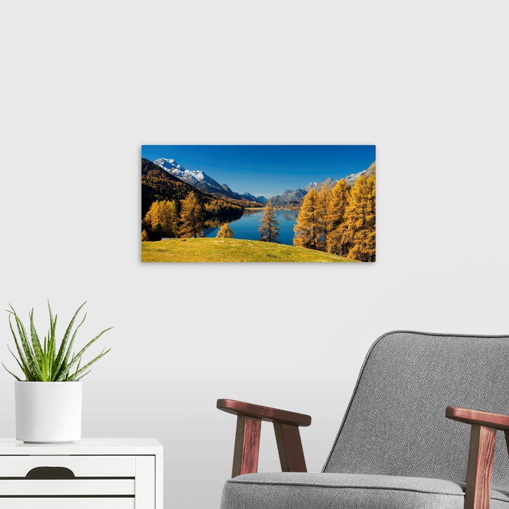 A modern room featuring Switzerland, Graubunden, Engadin, Alps, Silvaplana lake