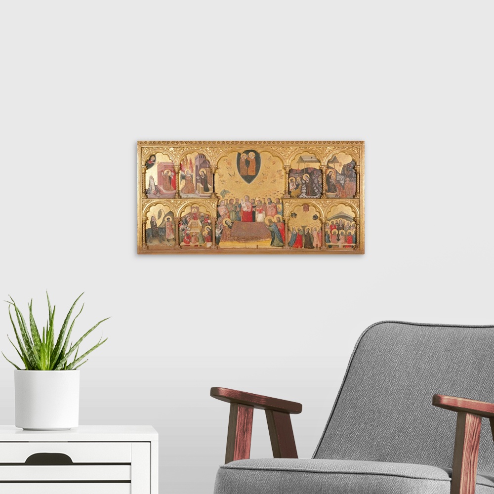 A modern room featuring Polyptych of the Domitio Virginis with Crowning of the Virgin, St Gregory Praying at Trajans Sepu...