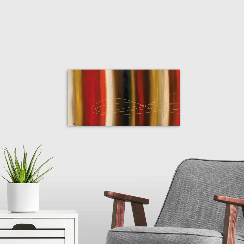 A modern room featuring Large abstract painting with vertical brushstroke lines in shades of red, white, brown, gold, yel...