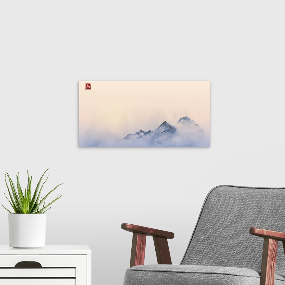 A modern room featuring Far mountains over the dense fog and sunrise. Traditional ink painting sumi-e, u-sin, go-hua.