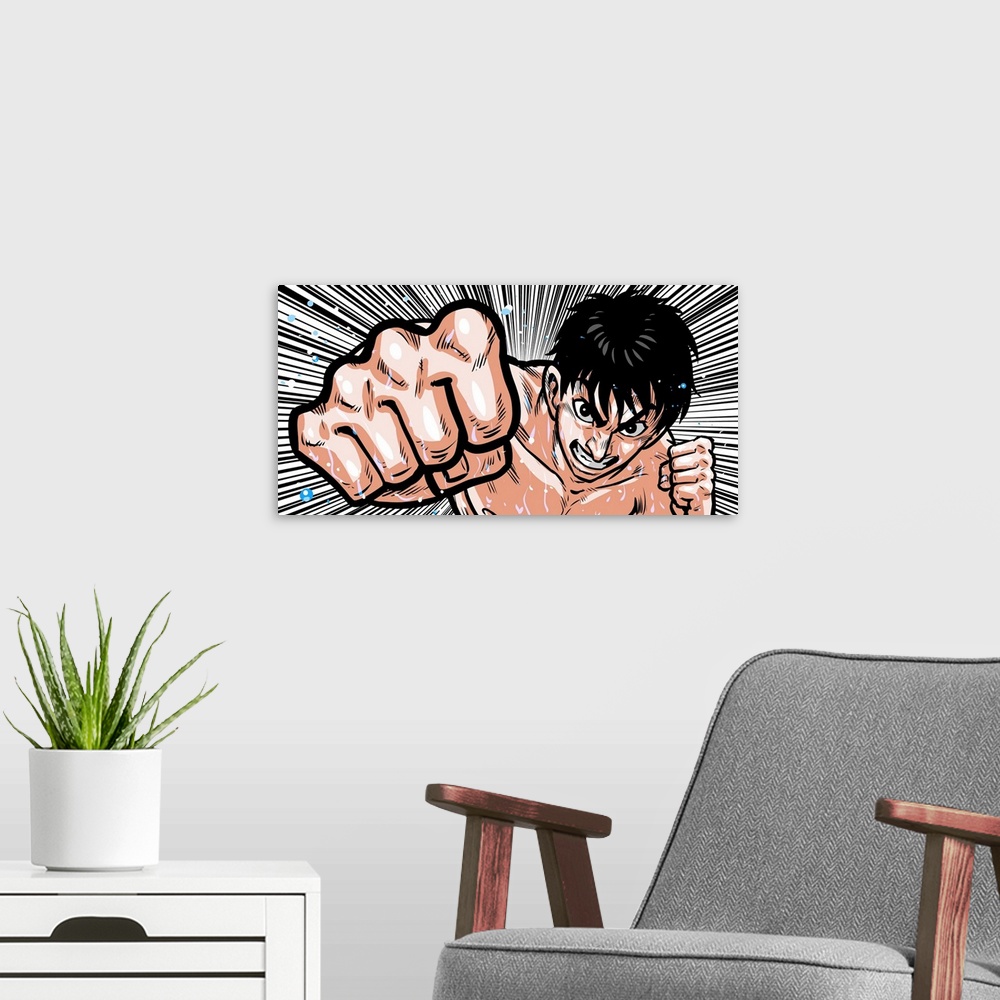 A modern room featuring An anime character punching.