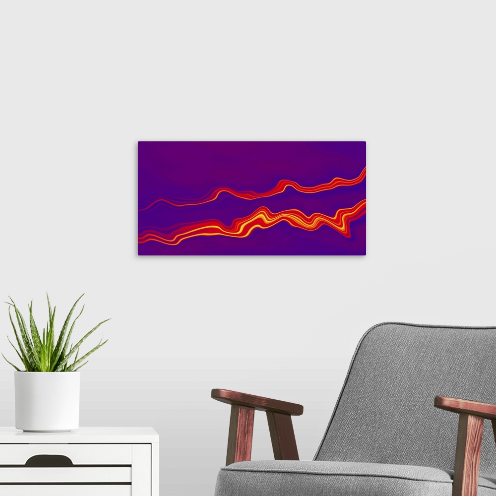 A modern room featuring Purple and red abstract waves