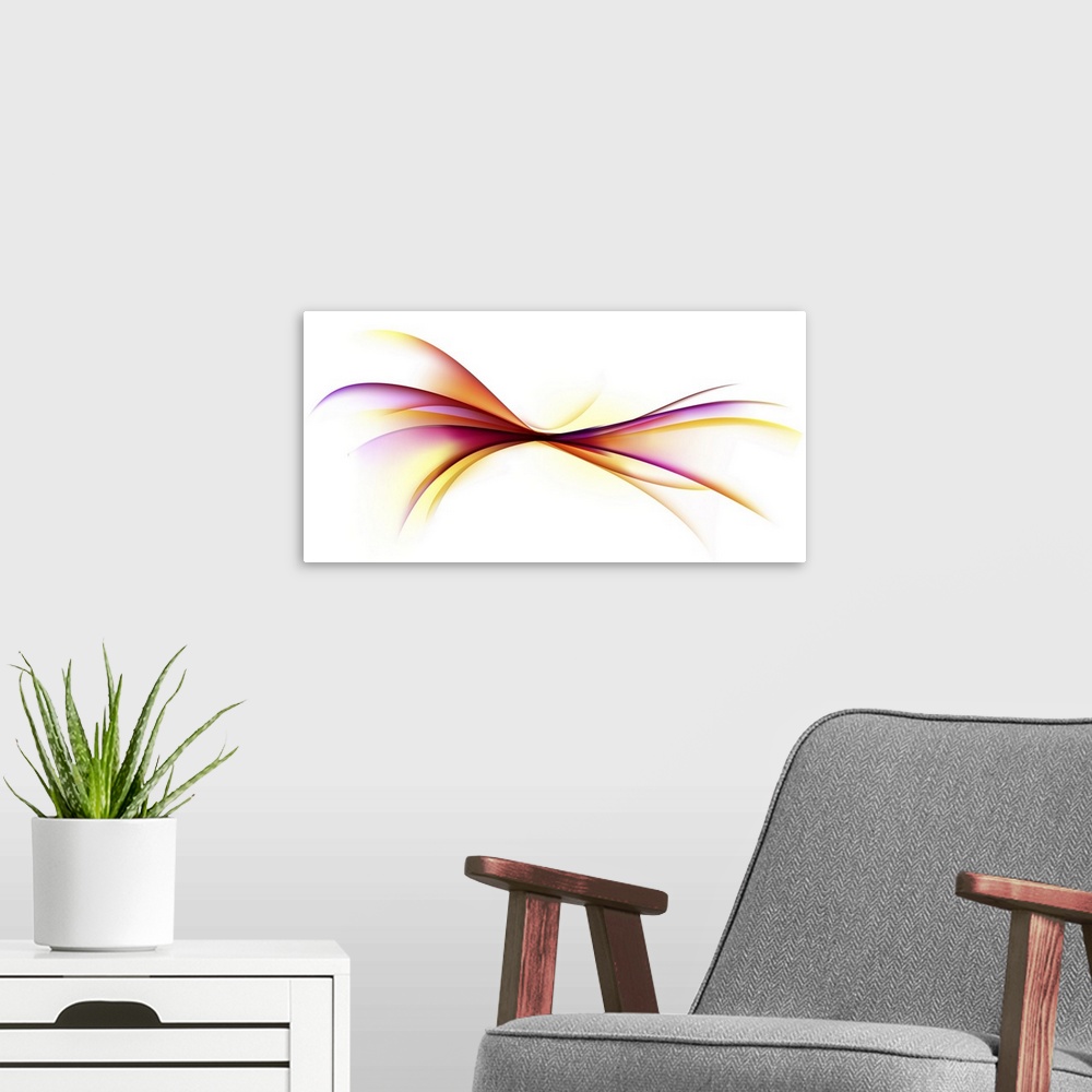 A modern room featuring Abstract artwork of warm colored curves that expand out from the center of this large white canvas.
