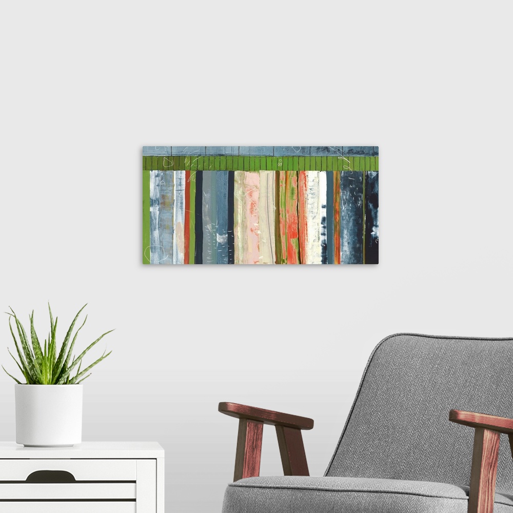 A modern room featuring Large abstract painting created with vertical lines stacked together in cool tones.