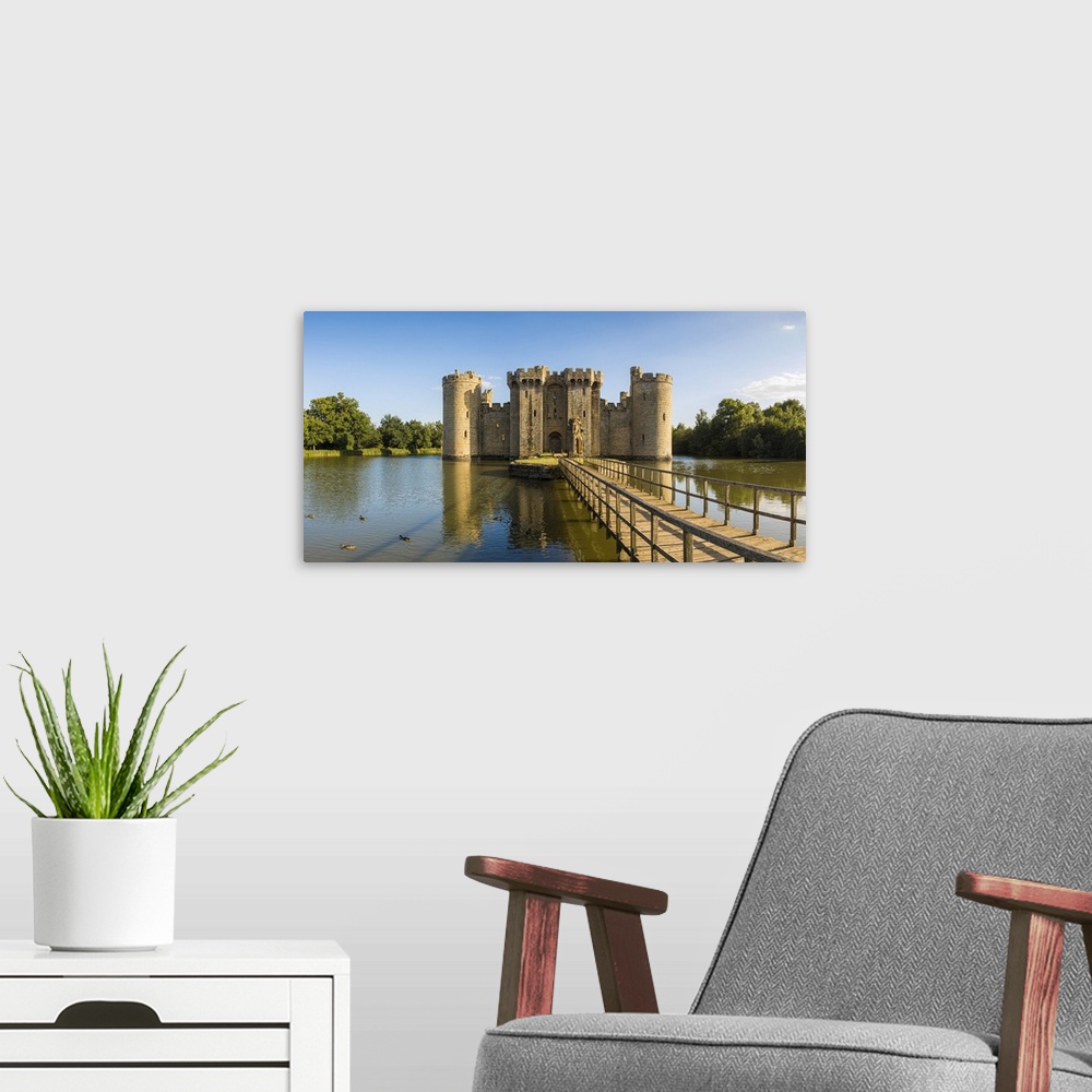 A modern room featuring 14th century Bodiam Castle, East Sussex, England, UK